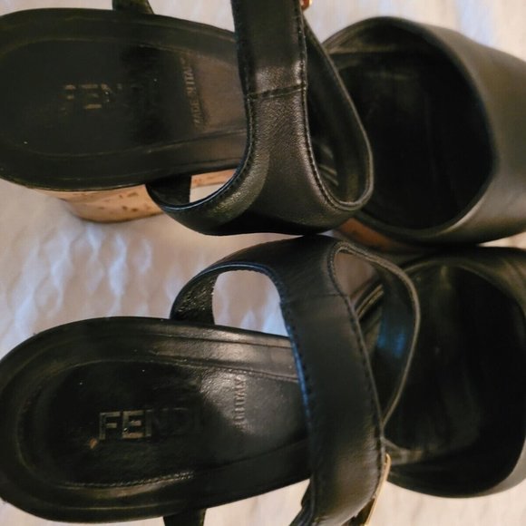 Authentic Fendi Black Leather Ankle Strap Cork Wedge Platform Heels Size 38/US 8 - Picture 12 of 16